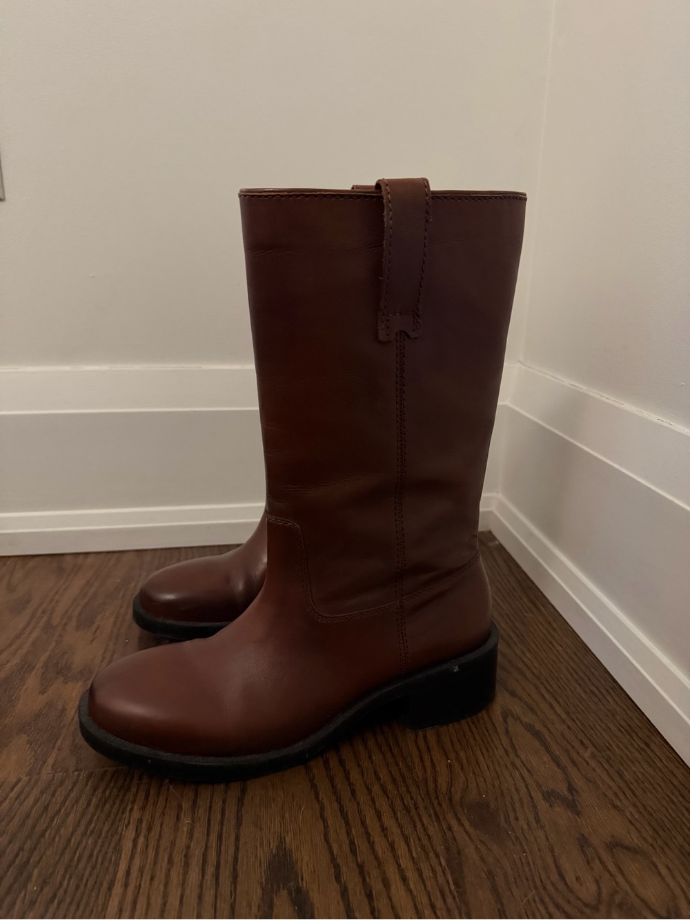Zara Brown Leather Mid-Calf Pull-On Heeled Boots